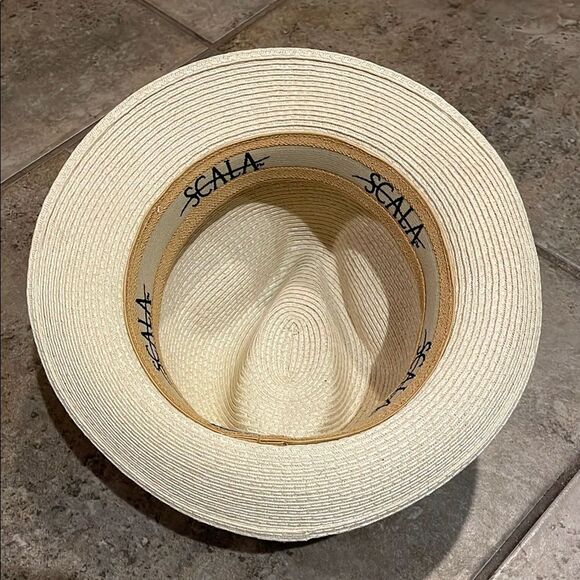 Scala Cream and Black Paper Straw Fedora Hat Mens Size Small/Medium - Picture 11 of 11